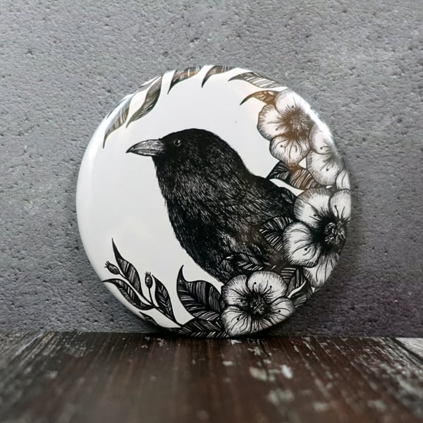 Raven, Crow Illustration, Pocket Mirror, Botanical, Gothic, Wicca, Alternative