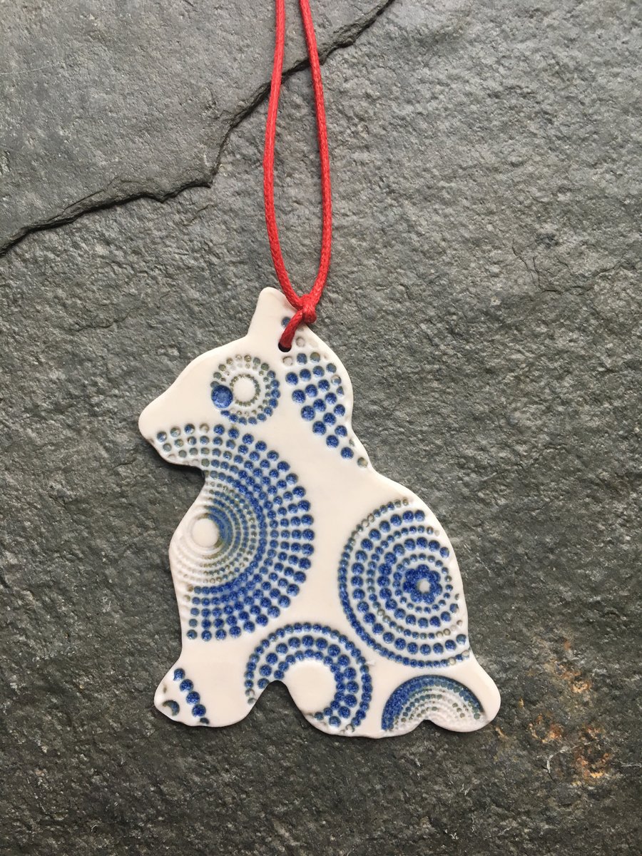 Porcelain Kitty Cat, blue,green,white,Christmas decoration, The Jewellery Boat