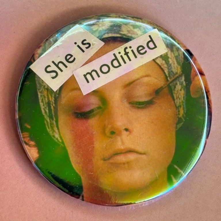 Holographic collage pin badge - she is modified