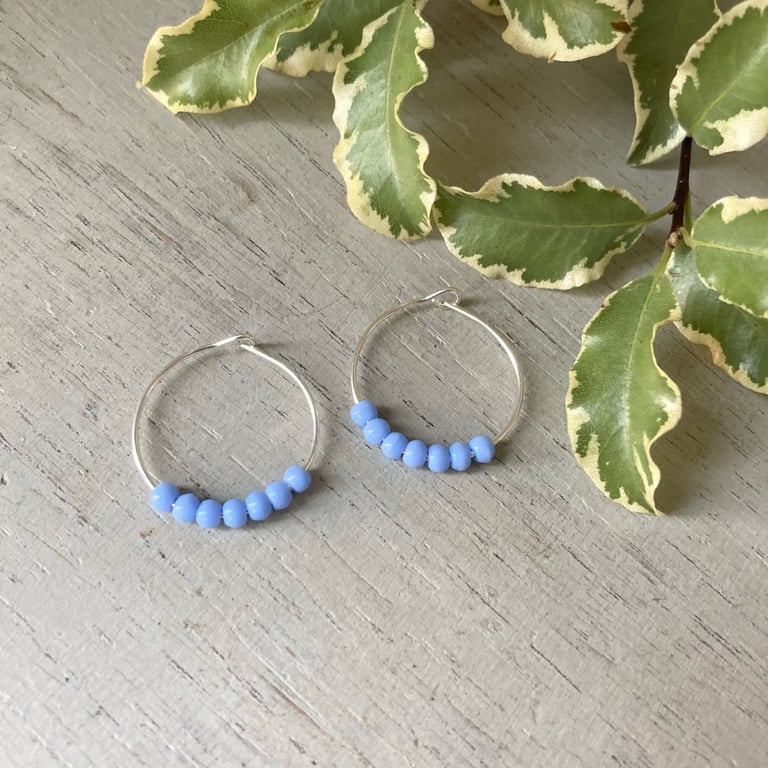 Pale Blue Beaded Hoop Earrings, sterling silver