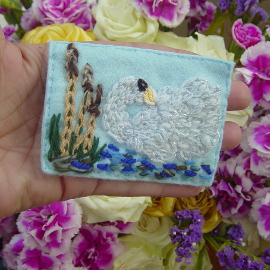 Swan in Rushes Embroidered yarn and Felt mixed media ACEO.