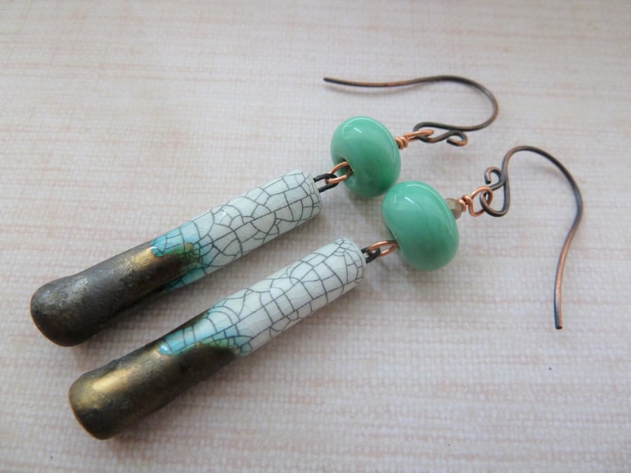 copper, lampwork and ceramic green earrings