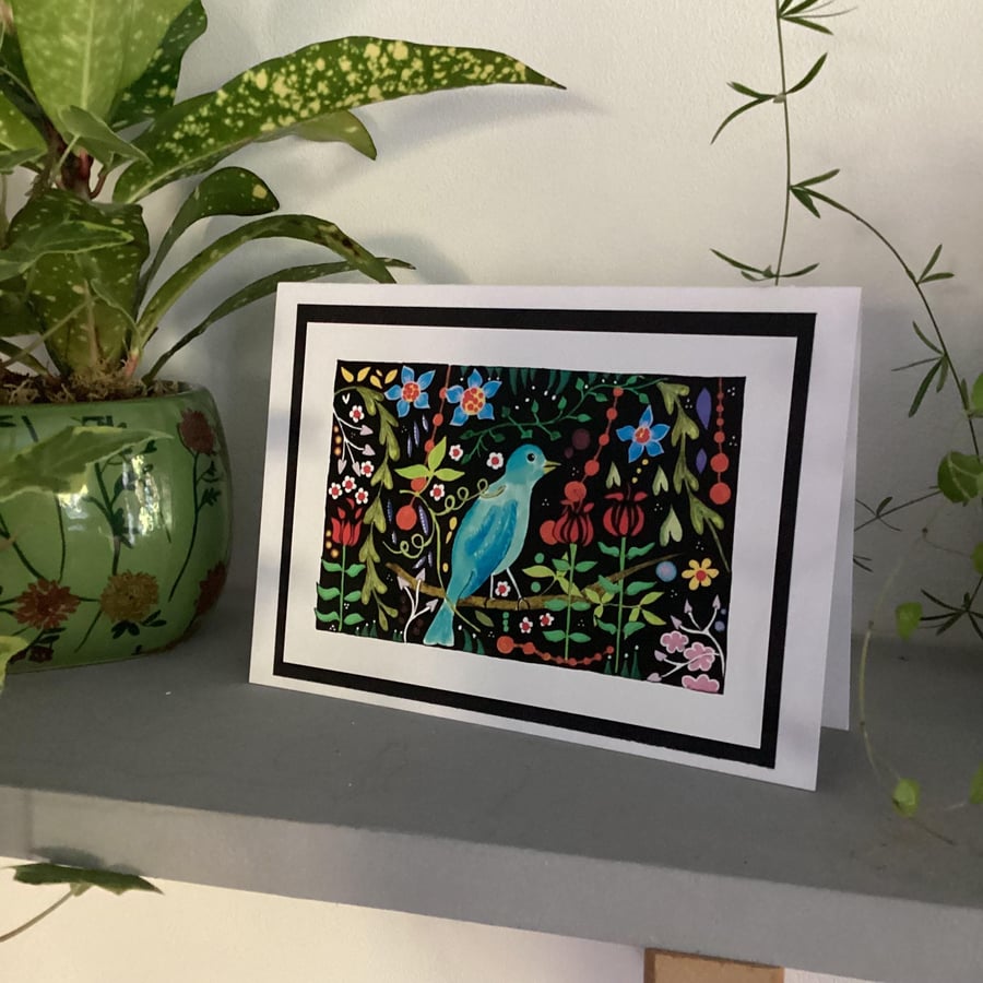 Greetings card, blank card, birds and flowers card, blue bird, colourful card