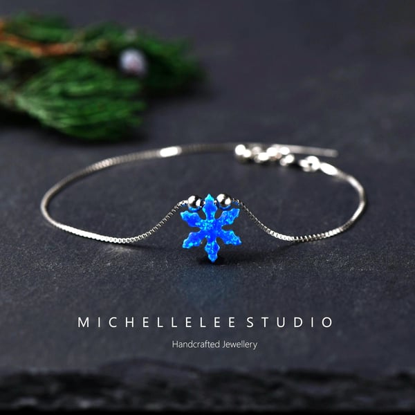 White and Blue Opal Snowflake Bracelet With 925 Sterling Silver Chain