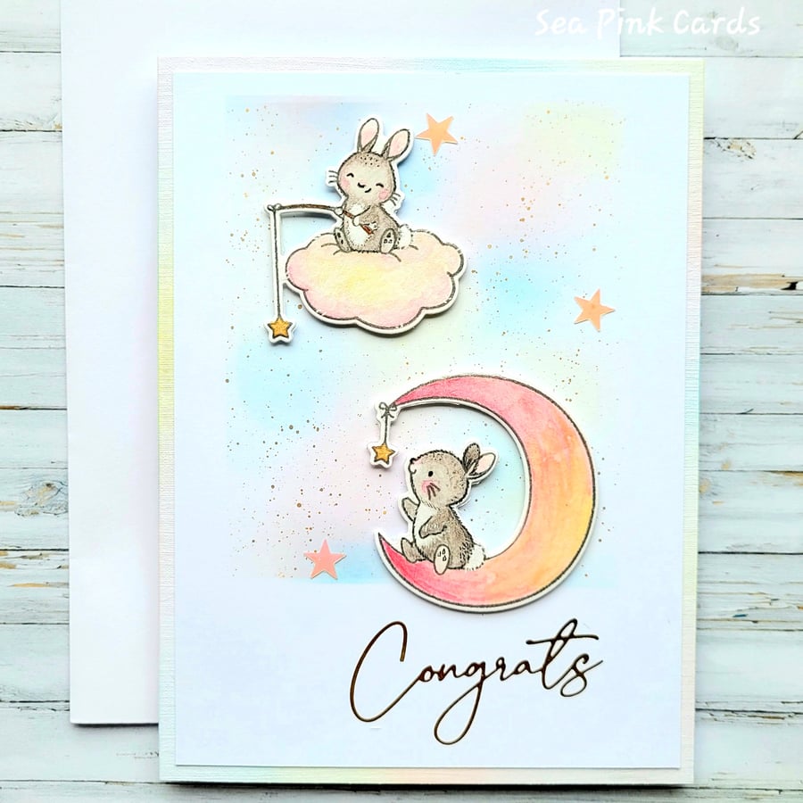 Bunny New Baby Card - Congrats, handcrafted, baby girl, baby boy, moon stars