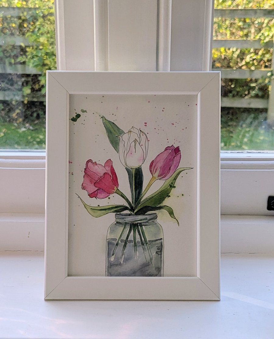 Jar of Tulips, framed original watercolour painting 