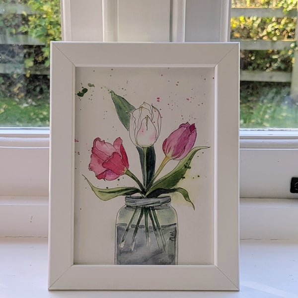 Jar of Tulips, framed original watercolour painting 