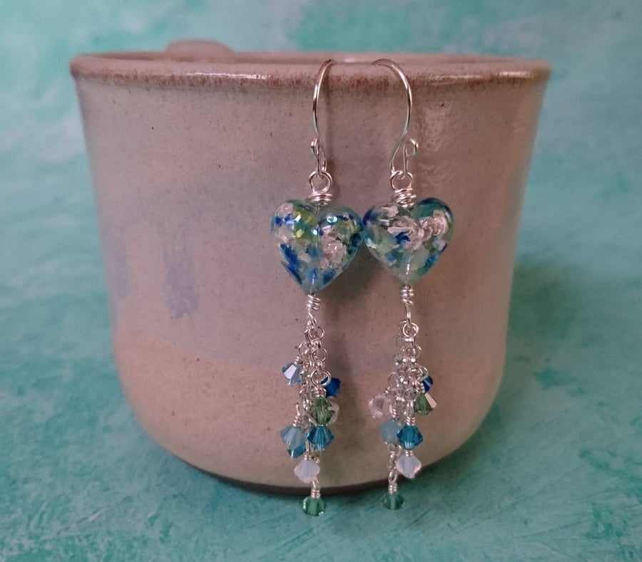 SALE Murano glass, blue and green heart and Swarovski crystals, sterling silver 