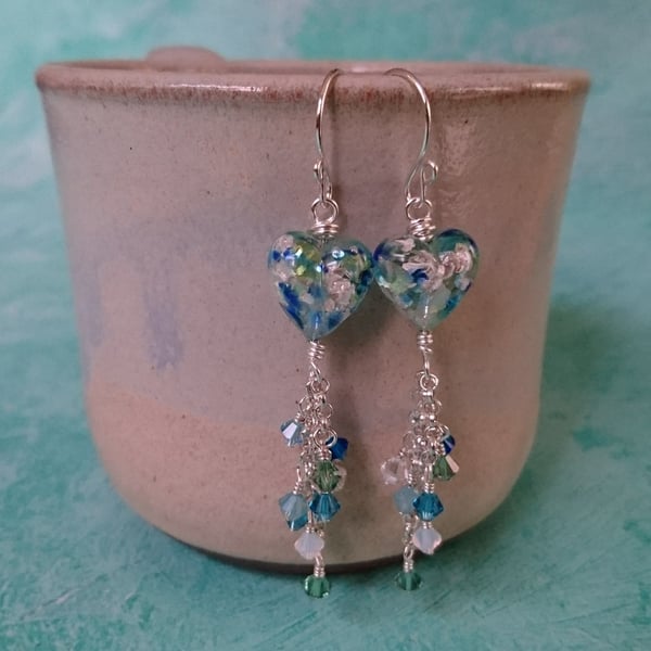 SALE Murano glass, blue and green heart and Swarovski crystals, sterling silver 
