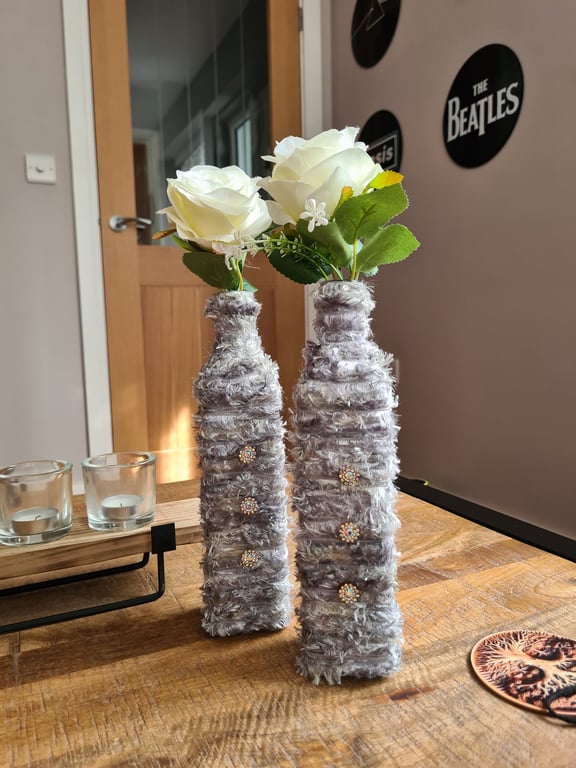 Set Of 2 Handmade Yarn Wrapped Vases,Silver Grey Fluffy Yarn With Sparkly Gems