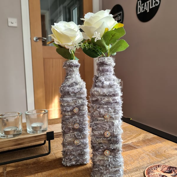 Set Of 2 Handmade Yarn Wrapped Vases,Silver Grey Fluffy Yarn With Sparkly Gems