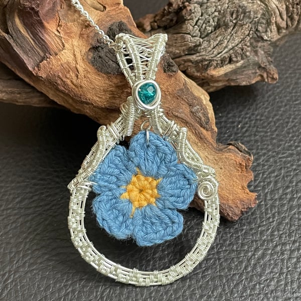 Crochet Forget Me Not Flower Wire Wrapped Pendant