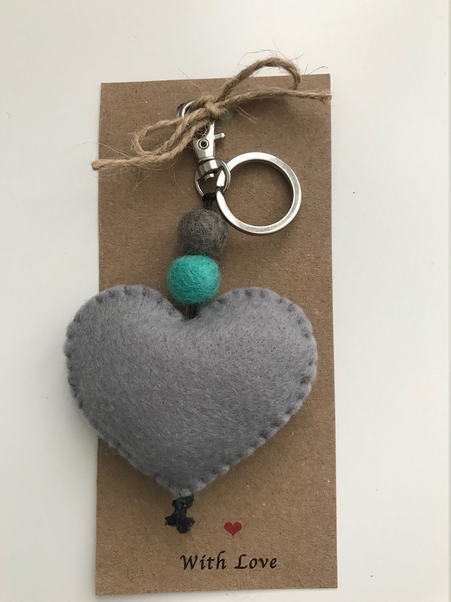 Heart and Pom Pom Keyring, Handmade Felt Keyring, Valentines Gift, Sticking Fill