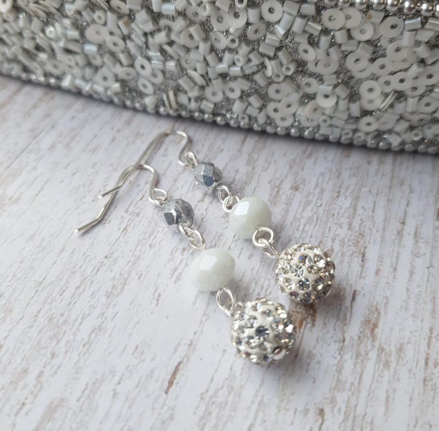 White & Silver Mix Pave Encrusted Rhinestone Triple Dangle Earrings