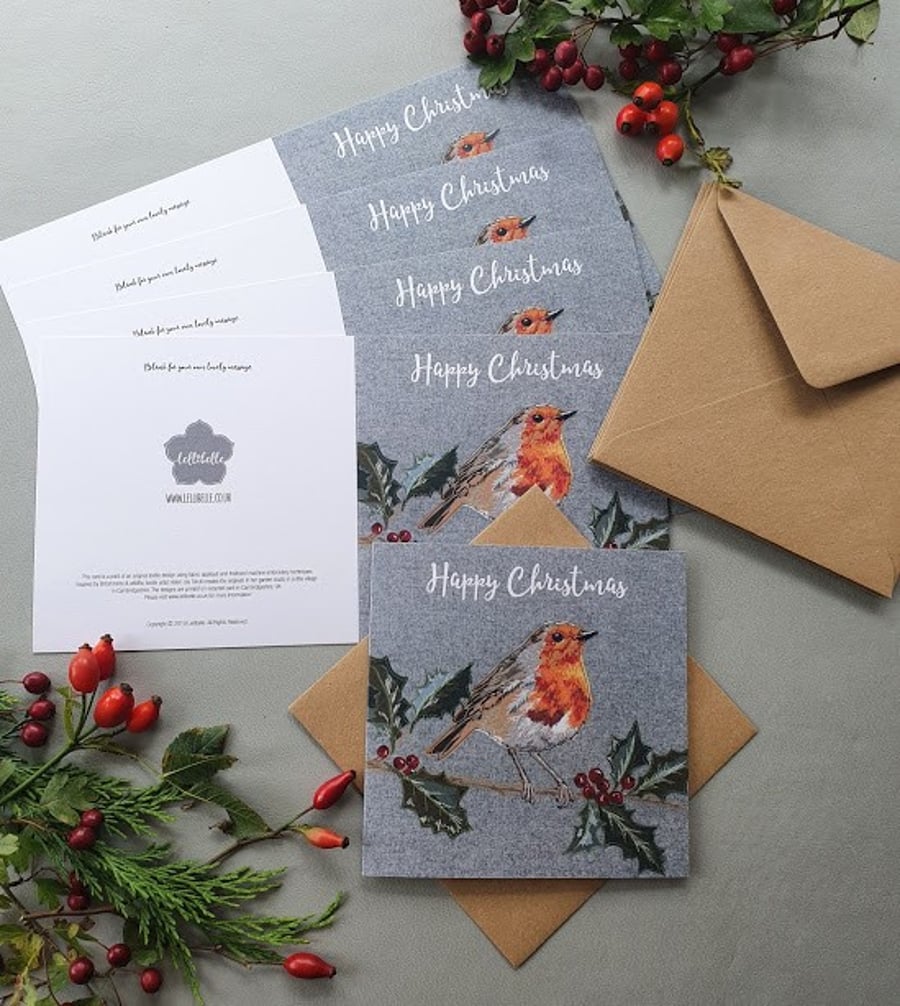 5 x Robin on a holly branch Christmas cards