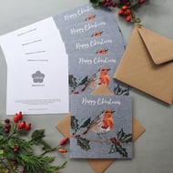 5 x Robin on a holly branch Christmas cards
