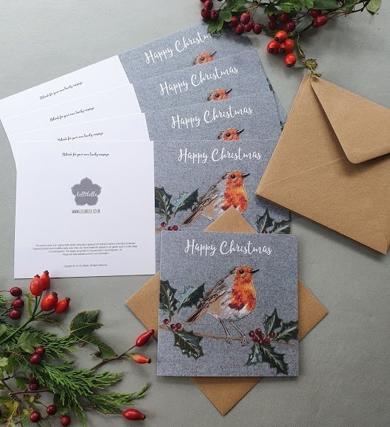 5 x Robin on a holly branch Christmas cards