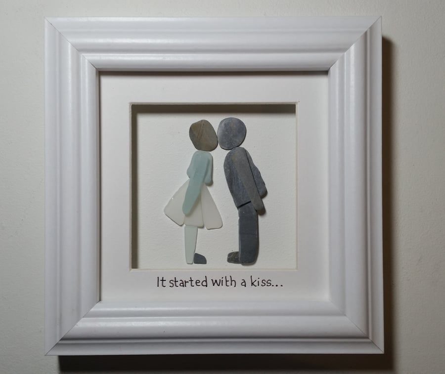 Valentine Gift It Started with a Kiss, Pebble Art Sea Glass Art Made in Cornwall