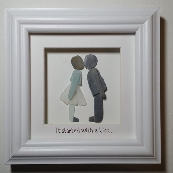 Valentine Gift It Started with a Kiss, Pebble Art Sea Glass Art Made in Cornwall