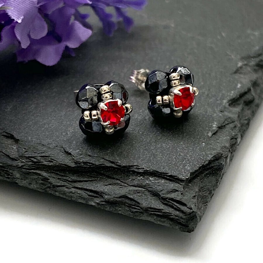 Sterling Silver Black and Red Crystal Montee Stud Earrings