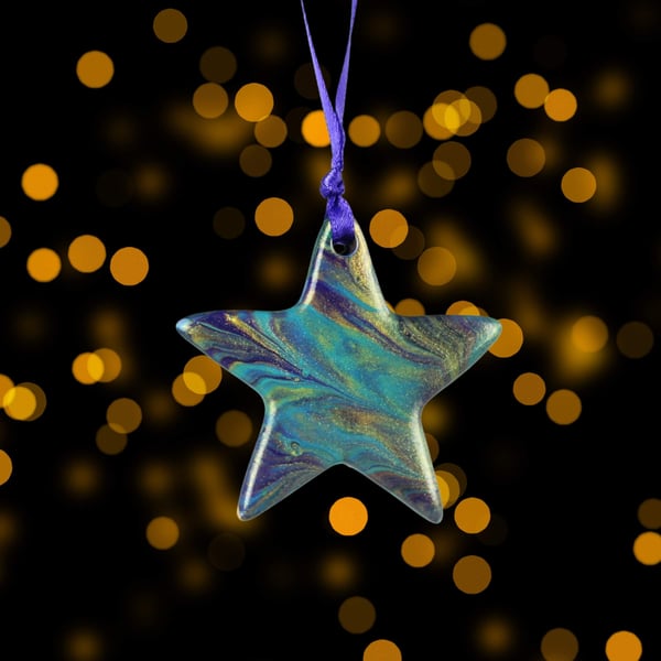 Small ceramic star christmas decoration purple gold turquoise