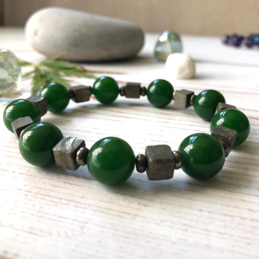 Dark Green Jade & Gold Pyrite Cube Gemstone Beaded Stretch Bracelet