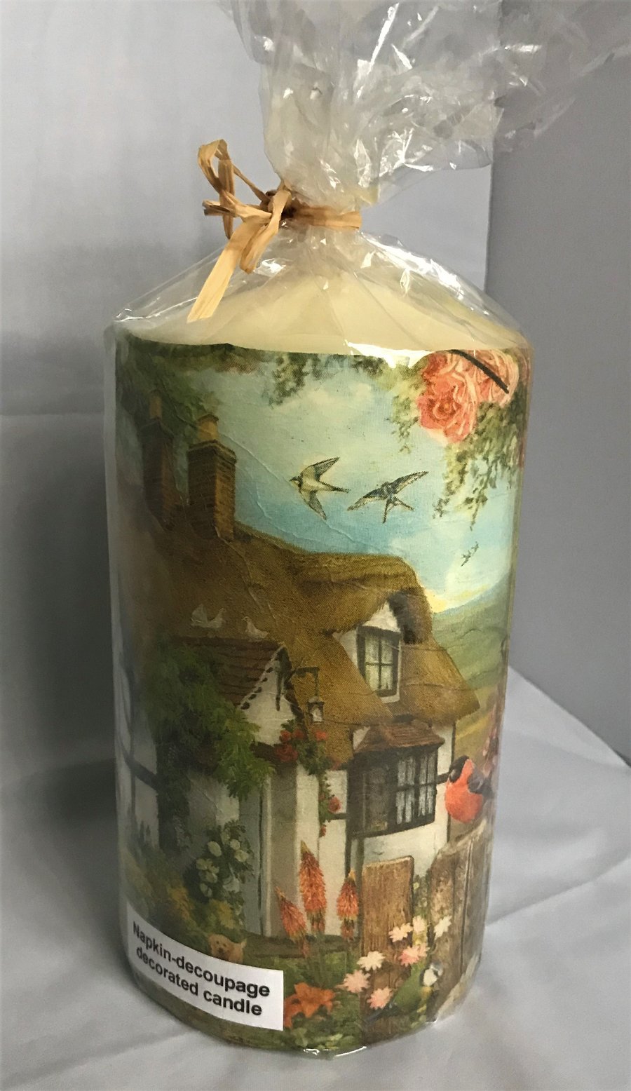 Decorated Candle Large Country Cottage Summer Flowers Birds Decoupage Unusual