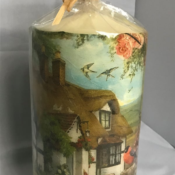 Decorated Candle Large Country Cottage Summer Flowers Birds Decoupage Unusual