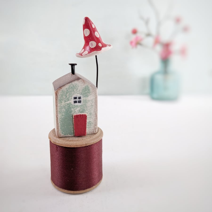 Little House on a Vintage Wood Bobbin with Clay Toadstool