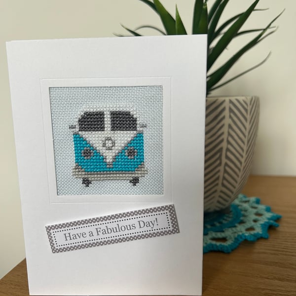 Cross stitched camper van on blank card 
