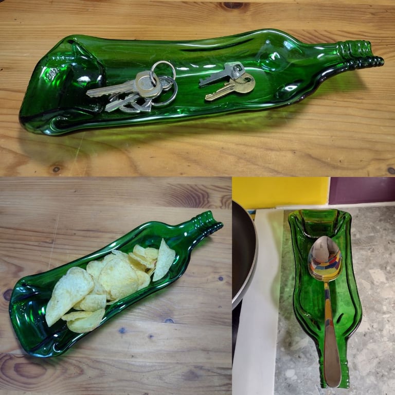 Slumped Glass Gin Bottle Dish - hand made recycled squashed bottle fused glass