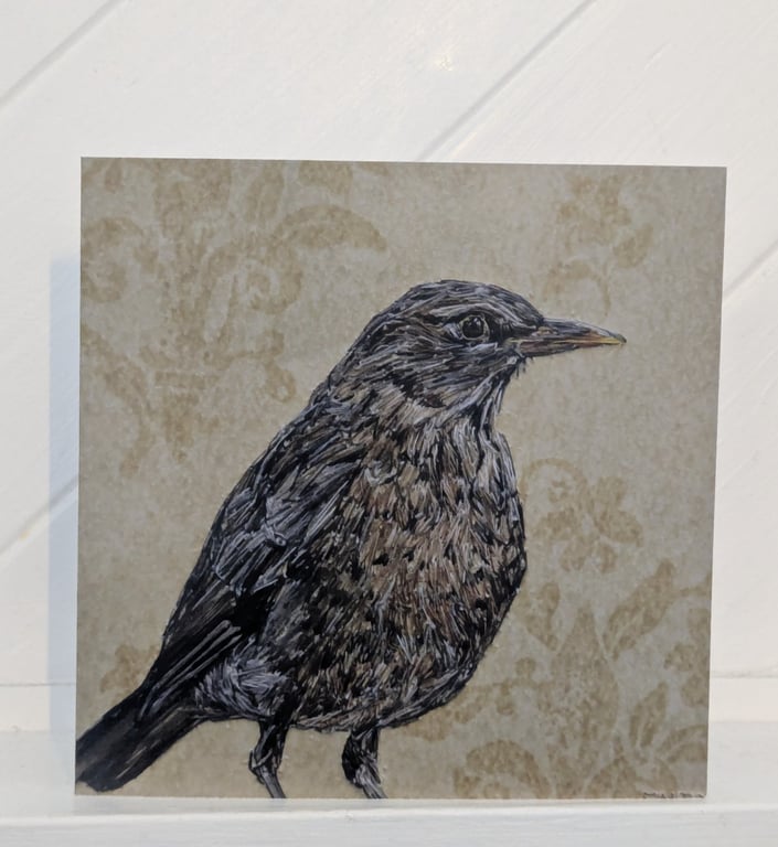 Female Blackbird Embroidery Art Greeting Cards