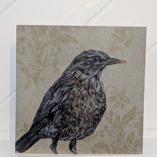 Female Blackbird Embroidery Art Greeting Cards