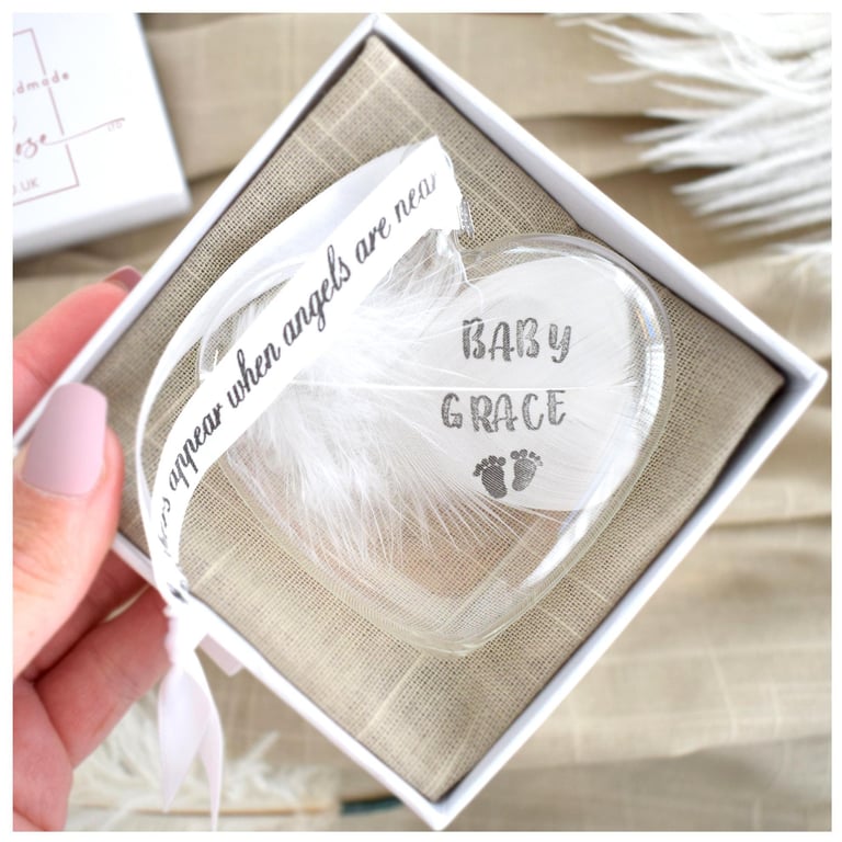 Personalised Feather Remembrance Bauble, Heart Glass Christmas Ornament, Baby Lo