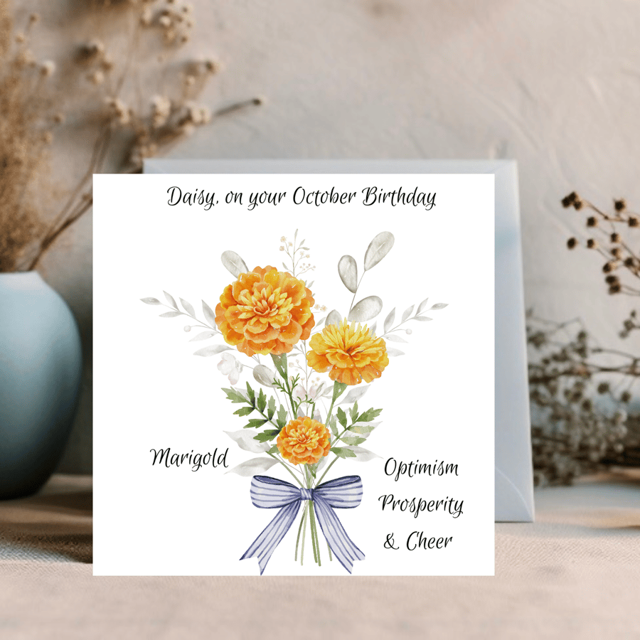 October Birthday Card, personalised, Birth Flower Birthday Card, Marigold