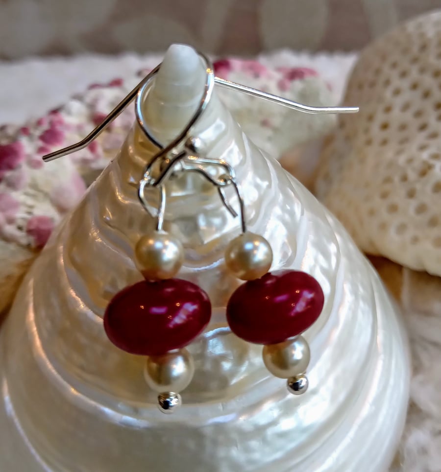 Real RUBY donut beads with Freshwater pearls EARRINGS