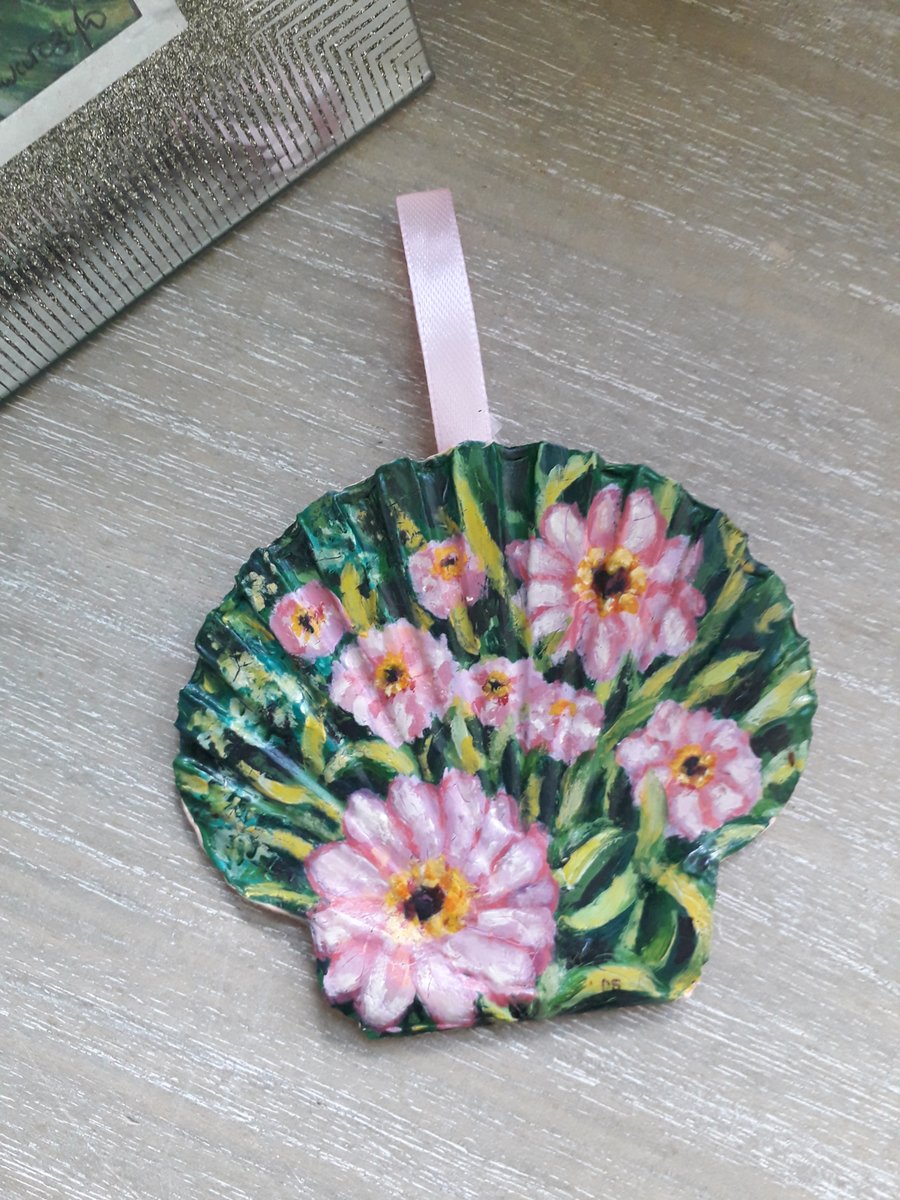 Pink zinnias, handpainted shell wall art.  