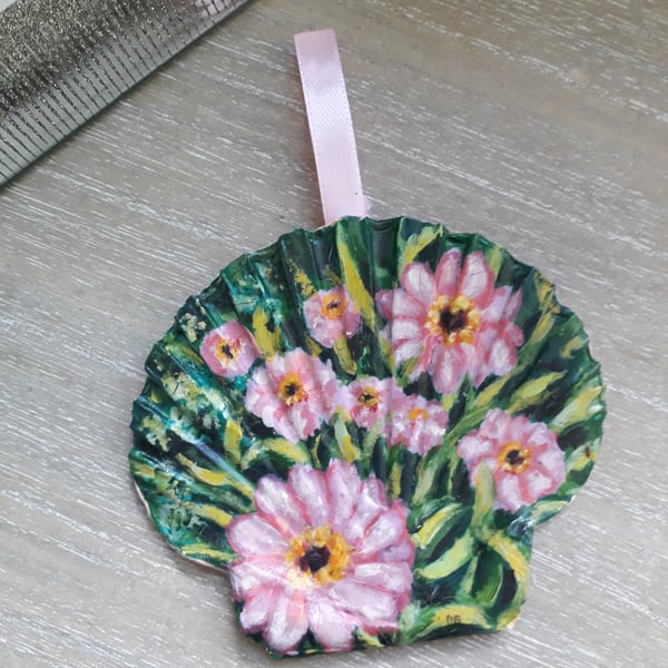 Pink zinnias, handpainted shell wall art.  