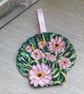 Pink zinnias, handpainted shell wall art.  