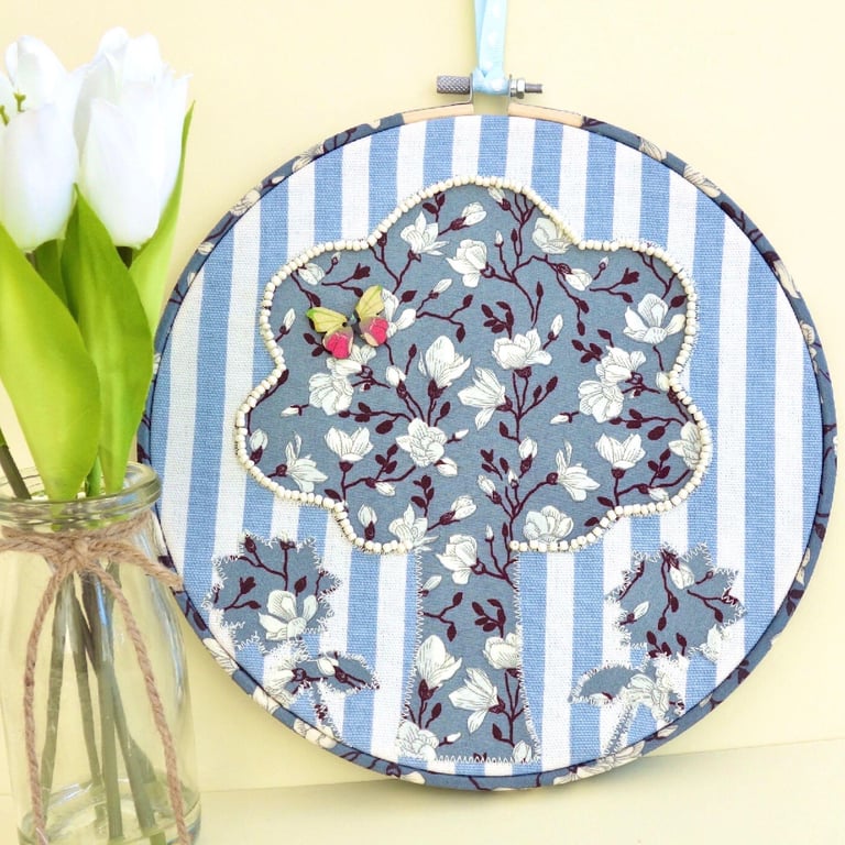 Tree & Flowers Embroidery Hooped Decoration 23cm (9”) ready to hang