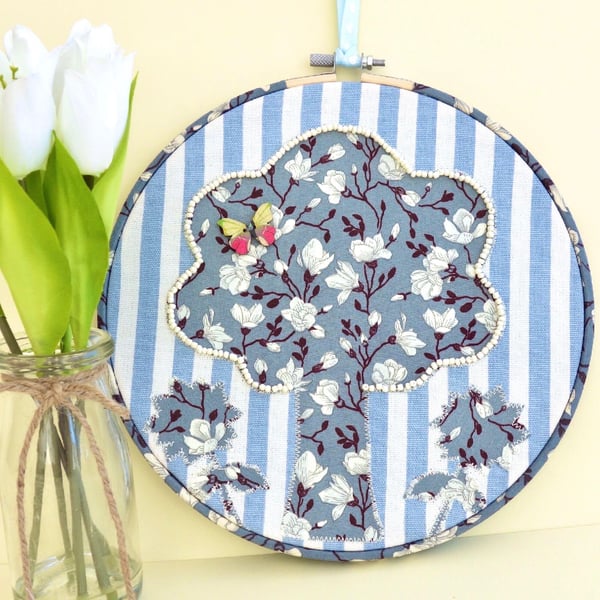 Tree & Flowers Embroidery Hooped Decoration 23cm (9”) ready to hang