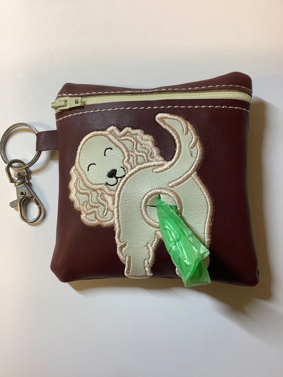 Attractive  Spaniel Embroidered Burgundy  faux leather dog poo bag ,dog walking,