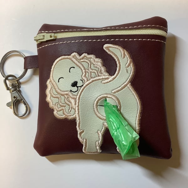 Attractive  Spaniel Embroidered Burgundy  faux leather dog poo bag ,dog walking,