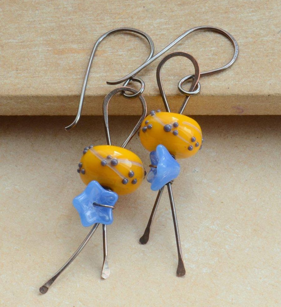 Yellow & Blue Lampwork Glass and Copper Bead Earrings