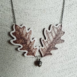 Pyrography wooden oak leaves and antique bronze acorn pendant