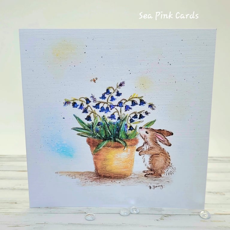 Bluebell and Bunny Blank Card - birthday, easter, thanks, handcrafted