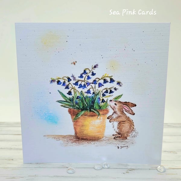 Bluebell and Bunny Blank Card - birthday, easter, thanks, handcrafted