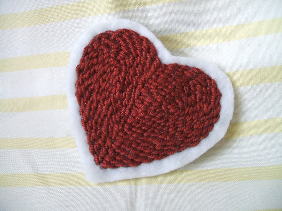 Embroidered heart brooch - dark red thread on white felt