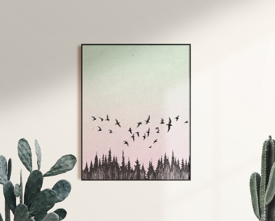 Tree Silhouette with Flying Birds, Nature Print