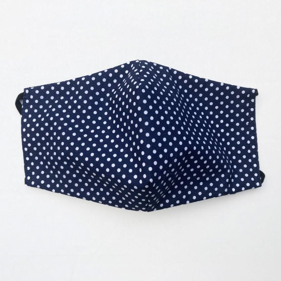 Navy Polka Dots Face Mask. Triple layered. 100 % Cotton Fabric.